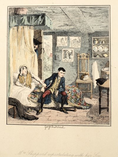 Mevrouw Sheppard spreekt haar zoon aan, illustratie uit Jack Sheppard: Een Romance door William Harrison Ainsworth, gepubliceerd 1839 door George Cruikshank