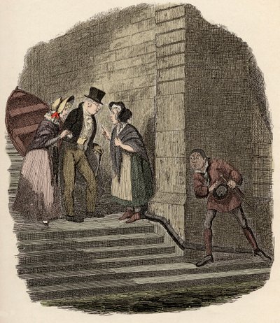 Noah Claypole bespioneert de geheime afspraak tussen Mr. Brownlow, Rose Maylie en Nancy - De ontmoeting - Illustratie voor 