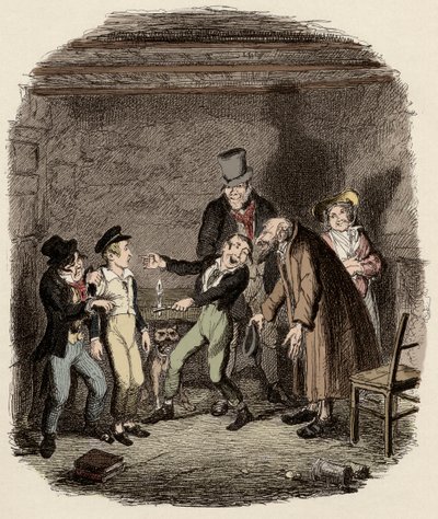 Oliver Twist ontvangen door oude Fagin en zijn team - Oliver ontvangst door Fagin en de jongens - Illustratie voor 