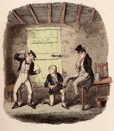 Oliver poetst de schoenen van de Vos terwijl Charley Bates de gevaren van ophanging uitlegt - Meester Bates legt een professionele techniek uit - Illustratie voor 