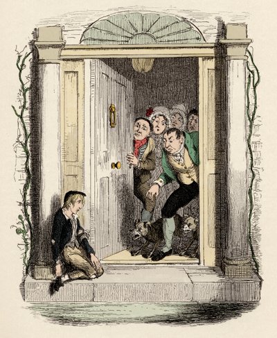Oliver gewond en uitgeput vraagt om hulp - Oliver Twist bij de deur van mevrouw Maylie - Illustratie voor 