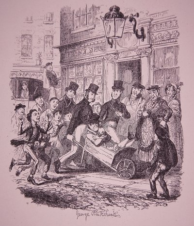 Zakkenroller gevangen door politie, begin 19e eeuw door George Cruikshank