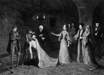 Prinses Elizabeth geconfronteerd met Sir Thomas Wyatt in de martelkamer, 1554 door George Cruikshank