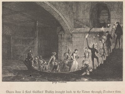 Koningin Jane en Lord Guilford Dudley teruggebracht naar de Toren door Traitors Gate door George Cruikshank