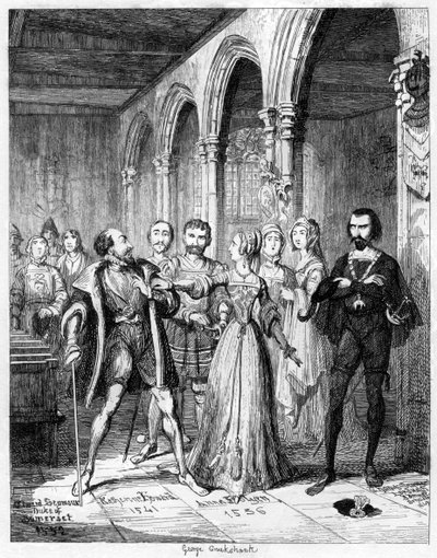 Koningin Jane die tussenbeide komt tussen Northumberland en Simon Renard, 1553 door George Cruikshank