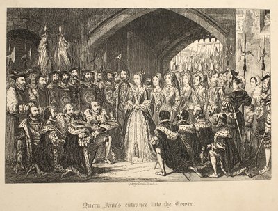 Koningin Janes entree in de toren, uit The Tower of London, gepubliceerd 1840 door George Cruikshank