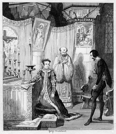 Koningin Mary verlooft zich op aandringen van Simon Renard met Filips van Spanje, 1840 door George Cruikshank