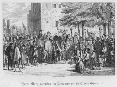 Koningin Mary ontvangt de gevangenen op de Tower Green (gravure) door George Cruikshank