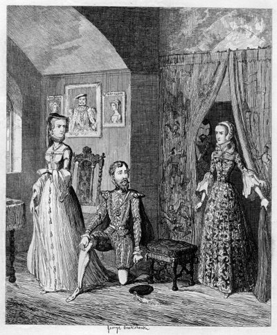 Koningin Mary verrast Courtenay en prinses Elizabeth, 1553-1555 1840 door George Cruikshank