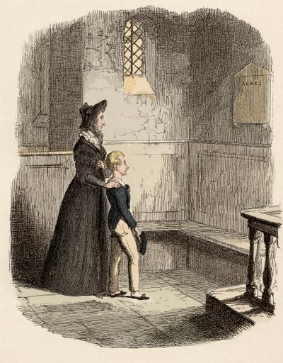 Rose Maylie en Oliver voor de gedenkplaat van Agnes, hun zus en moeder - Rose Maylie en Oliver - Illustratie voor 