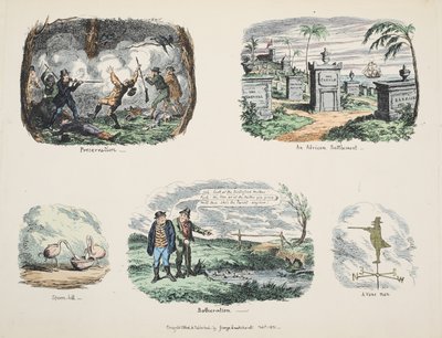 Scraps and Sketches: Behoud, Een Afrikaanse nederzetting, Lepelaar, Botheration, Een ijdele man, gepubliceerd 1831 door George Cruikshank