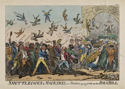 Shuttlecocks en Makreel, of Leden die gaan stemmen over de Corn Bill, 14 maart door George Cruikshank