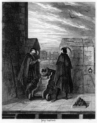 Simon Renard en Winwike de bewaker op het dak van de Witte Toren, 1553 1840 door George Cruikshank