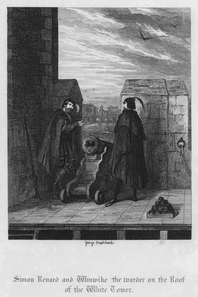 Simon Renard en Winwike de bewaker op het dak van de Witte Toren (gravure) door George Cruikshank