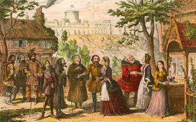 Sir John Falstaff op bezoek bij zijn vriend Page, in Windsor door George Cruikshank
