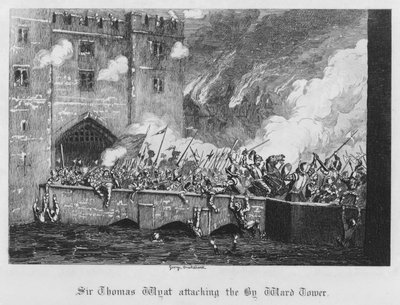 Sir Thomas Wyat valt de By Ward Tower aan (gravure) door George Cruikshank