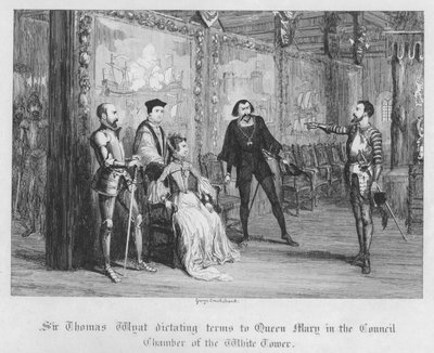 Sir Thomas Wyat dicteert voorwaarden aan Koningin Mary in de Raadskamer van de Witte Toren door George Cruikshank