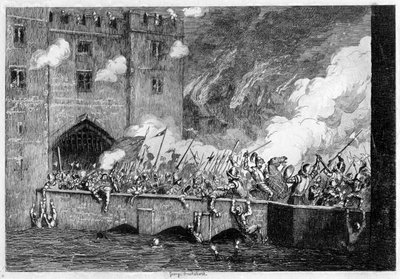 Sir Thomas Wyatt valt de By-ward Tower aan, 1554 door George Cruikshank