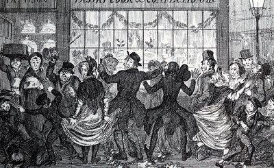 Straatjongens veroorzaken chaos in de menigte buiten een banketbakkerij op Driekoningenavond door George Cruikshank