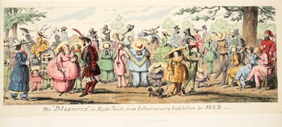 De Bloomers in Hyde Park of Een Buitengewone Tentoonstelling voor 1852, uitgegeven 1852 door George Cruikshank