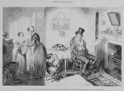 De Fles, Plaat II, Hij wordt ontslagen wegens dronkenschap: ze verpanden hun kleren om de fles te vullen, 1847 door George Cruikshank