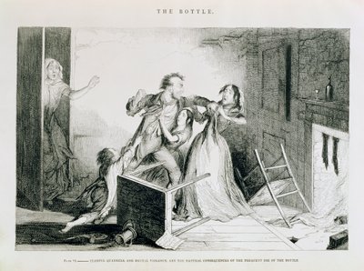 De fles, plaat VI, Angstaanjagende ruzies en brute geweldplegingen zijn de natuurlijke gevolgen van frequent gebruik van de fles, 1847 door George Cruikshank