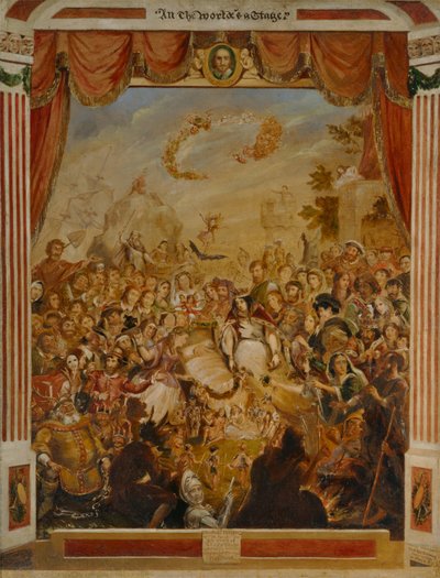 Het eerste optreden van William Shakespeare (1564-1616) op het podium van de Globe met een deel van zijn dramatische gezelschap in 1564 door George Cruikshank