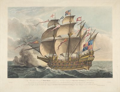 De Great Harry. Het eerste oorlogsschip dat kanonnen droeg door George Cruikshank