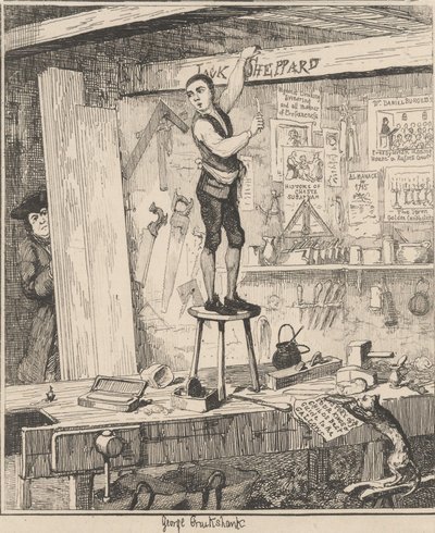 De naam op de balken door George Cruikshank