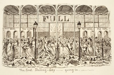 De eerste Shilling-dag - Binnenkomst, pub. 1851 (gravure) door George Cruikshank