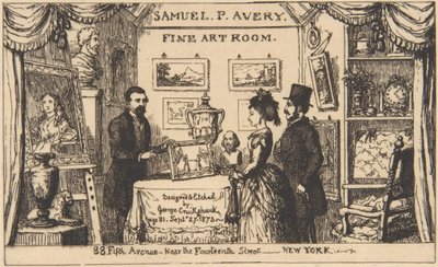 Reclamekaart voor Samuel P. Avery - Kunstzaal door George Cruikshank