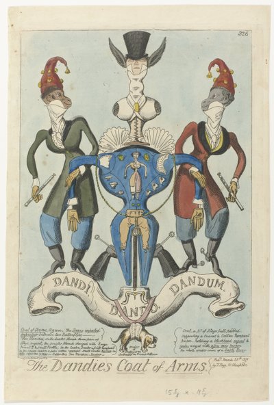 Twee aangeklede apen houden een wapen in de vorm van een paspop vast door George Cruikshank