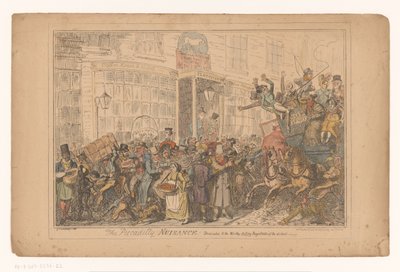 Verkeerschaos buiten het hotel Old White Horse Cellar in Piccadilly (The Piccadilly Nuisance! Dedicated to the worthy, acting magistrates of the district) door George Cruikshank
