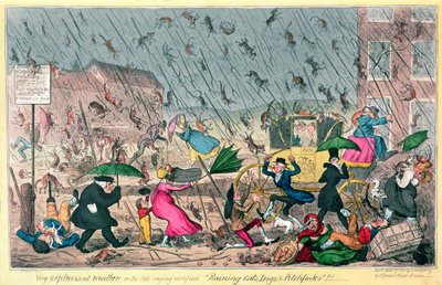 Zeer onaangenaam weer, of het oude gezegde bevestigd: het regent katten, honden en hooivorken!, pub. door G. Humphrey, 1820 door George Cruikshank