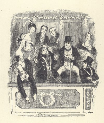Victoriaanse theaterbezoekers dringen samen in een loge in een Londens theater (gravure) door George Cruikshank