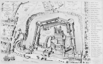 Uitzicht op de Tower of London in 1553 (gravure) door George Cruikshank