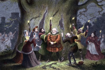 William Shakespeare De vrolijke vrouwtjes van Windsor, toneelstuk voor het eerst opgevoerd in 1597 of 1600. Falstaff, die zijn vermeende afspraak met Mevrouw Ford als Herne de Jager in Windsor Forest heeft nagekomen en door 