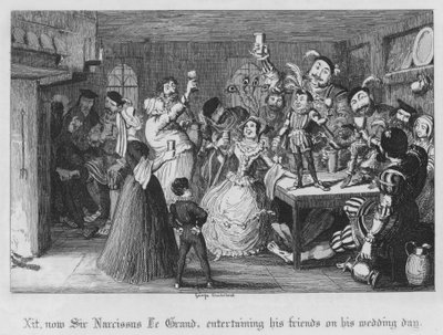 Xit, nu Sir Narcissus Le Grand, vermaakt zijn vrienden op zijn trouwdag (gravure) door George Cruikshank