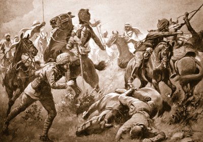 Risaldar Santa Singh, Dafadar Bisham Singh en Sowar Buda Singh breken door de rangen van de Arabieren om kapitein Willoughby te helpen door George Derville Rowlandson
