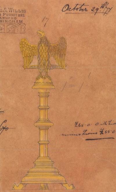 Ontwerpen uitgevoerd voor Jones en Willis, metaal- en houtbewerkers en kerkmeubelfabrikanten uit Birmingham en Londen door George Edmund Street