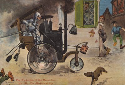 De evolutie van de motorwagen: de middeleeuwen door George Ernest (after) Studdy