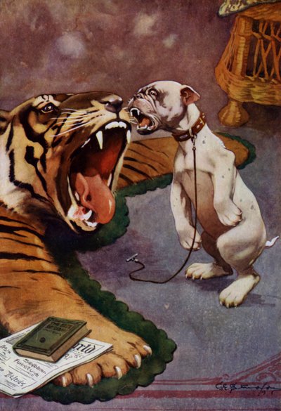 Tijger, Tijger - hond blaft naar tijgertapijt door George Ernest (after) Studdy