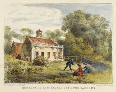 Restanten van Kew Palace vanuit de Tuinen, plaat 6 uit Kew Gardens: Een Serie van Vierentwintig Tekeningen op Steen, gegraveerd door Charles Hullmandel (1789-1850) gepubliceerd 1820 door George Ernest after Papendiek