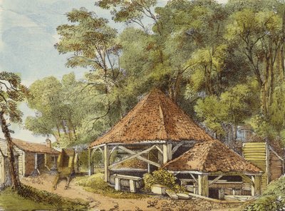 Waterwerken, Kew Gardens, plaat 22 uit Kew Gardens: Een Serie van Vierentwintig Tekeningen op Steen, gegraveerd door Charles Hullmandel (1789-1850) gepubliceerd 1820 door George Ernest after Papendiek