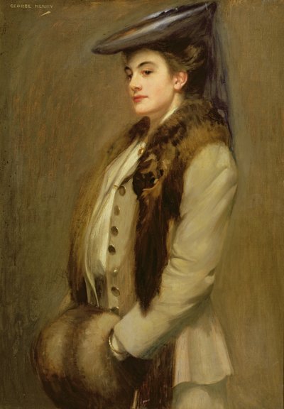 Portret van een dame met bontstola en mof door George F. Henry