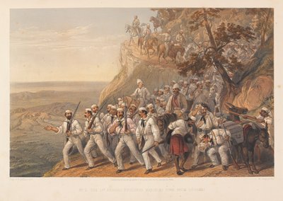 1e Bengal Fusiliers marcheren naar beneden vanuit Dugshai, 1857 door George Francklin Atkinson