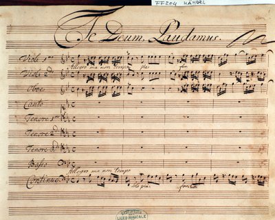 Titelpagina van muzikale partituur van Te deum door G F Handel door George Frederick Handel