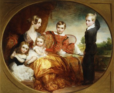 Een groepsportret van een dame met haar vier kinderen op een terras door George Frederick Watts