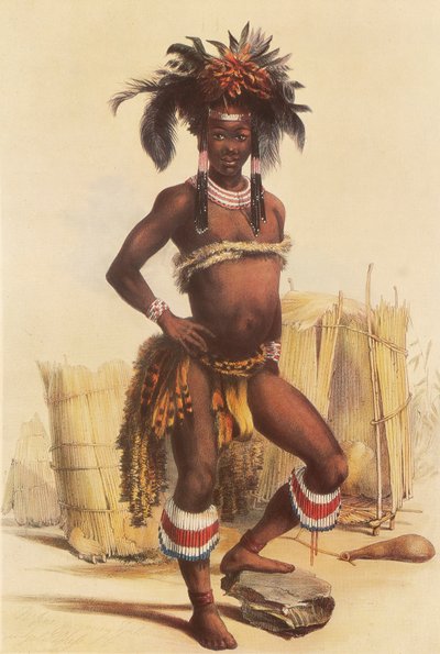 Nc’pae, een jonge Zulu-man in zijn danskostuum door George French Angas