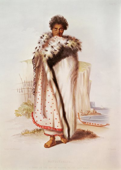 Rangitakina, een hoofd van de Bay of Plenty aan de oostkust, illustratie uit New Zealand Illustrated, gegraveerd door W. Hawkins, c.1845 door George French Angas